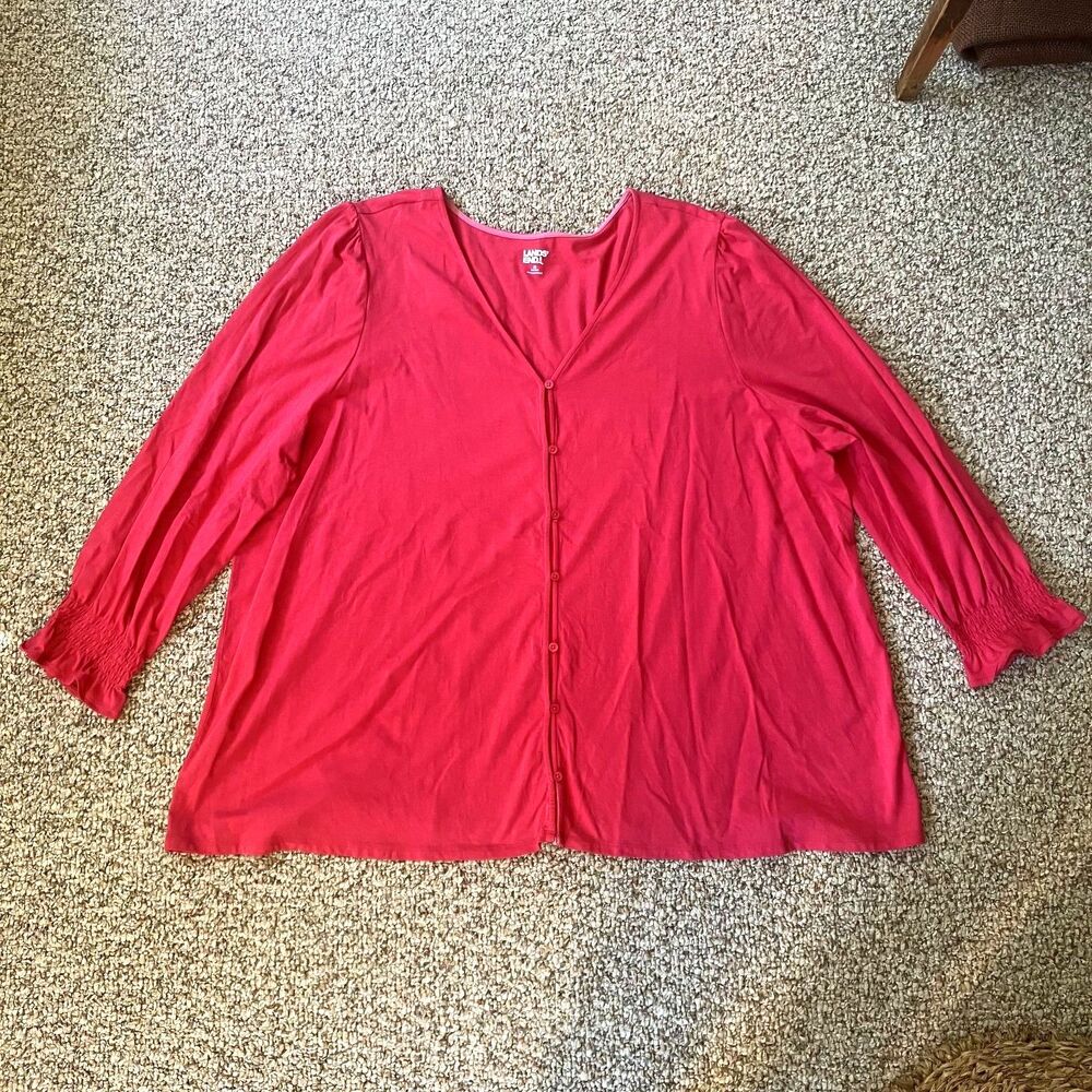 Lands End Womens Long Sleeve Button Up Top Plus Size 3X Pink Bishop Romantic V
